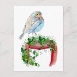 European Robin on Shovel, Watercolor Bird Postcard