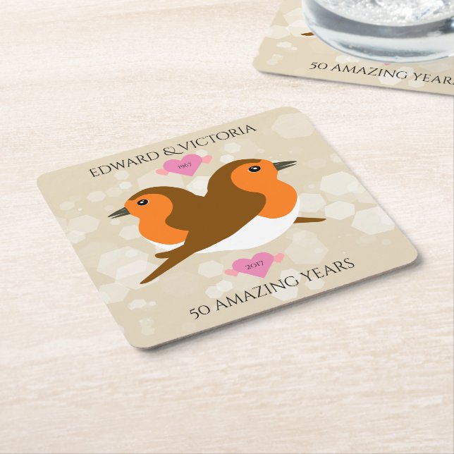 European Robins Lovebirds Any Year Anniversary Square Paper Coaster (Angled)