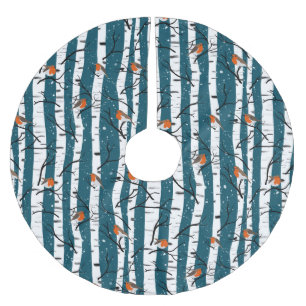 European Robins on Silver Birch in the Snow d blue Brushed Polyester Tree Skirt