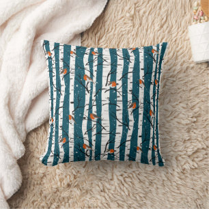 European Robins on Silver Birch in the Snow d blue Cushion