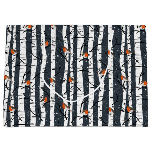 European Robins on Silver Birch in the Snow grey Large Gift Bag
