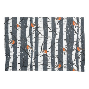 European Robins on Silver Birch in the Snow grey Pillowcase