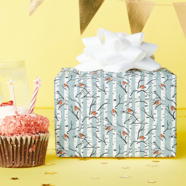European Robins on Silver Birch in the Snow p blue Wrapping Paper (Birthday Party)