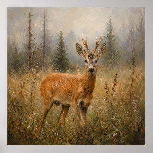 European Roe Buck Wildlife Painting Poster