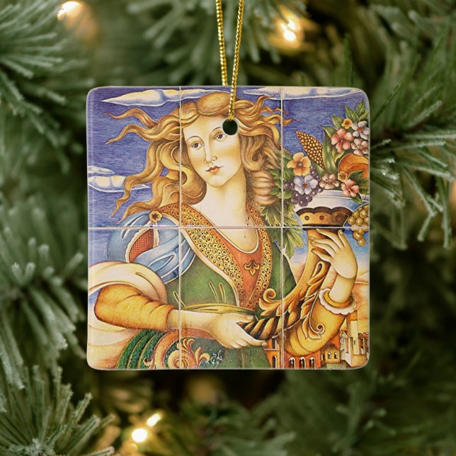 European Spanish Tile Woman Cornucopia Mosaic Ceramic Ornament (Tree)