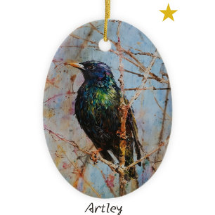 European Starling Bird Painting Year Christmas Ceramic Tree Decoration