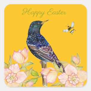 European Starling Bird Watercolor Square Sticker