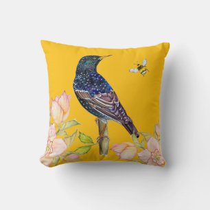 European Starling Bird Watercolor Wrapping Paper Cushion