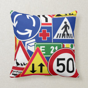 European Traffic Signs Collage Cushion