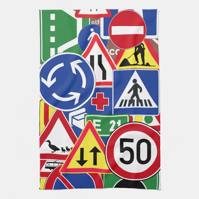 European Traffic Signs Collage Tea Towel (Vertical)
