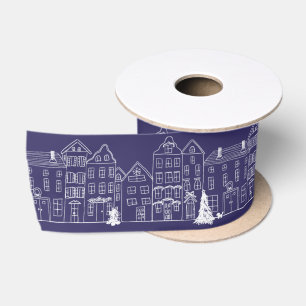 European Village Houses at Christmas White/Blue Satin Ribbon