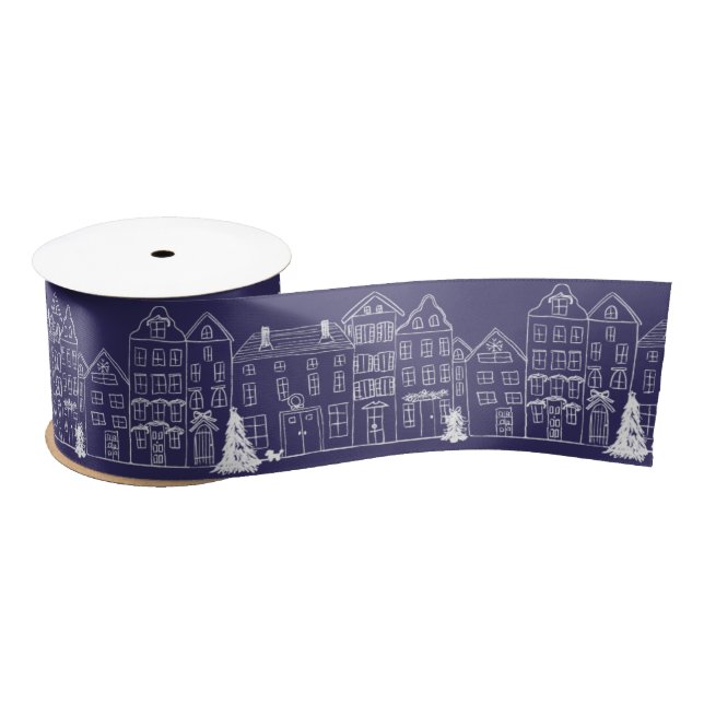 European Village Houses at Christmas White/Blue  Satin Ribbon (Spool)
