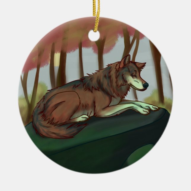 European Wolf Ceramic Tree Decoration (Front)
