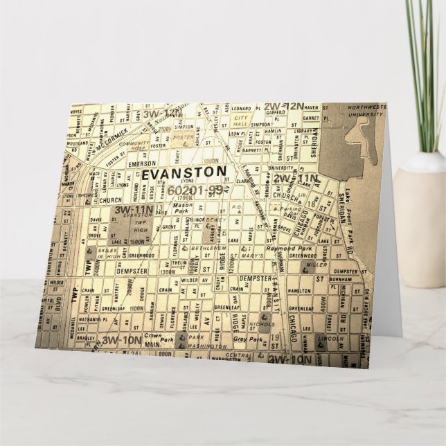 Evanston, IL Vintage Map Card (Front)