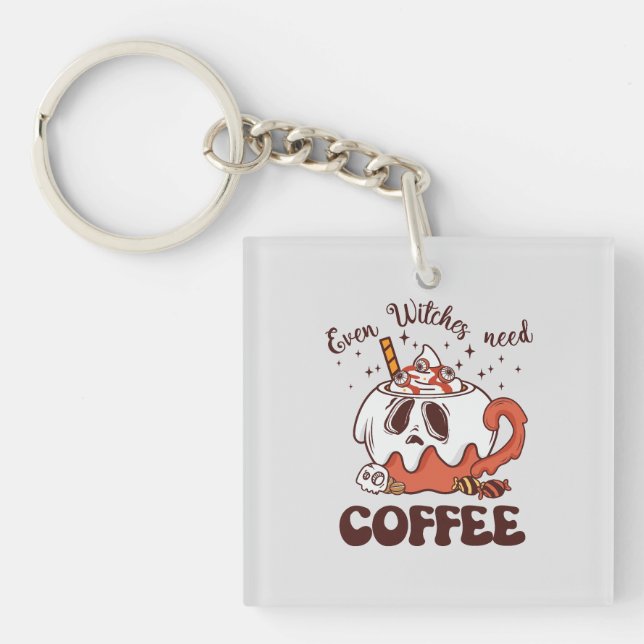 Even Witches Need Coffee – Cute Ghost Key Ring (Front)