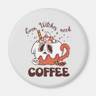 Even Witches Need Coffee – Cute Ghost Magnet