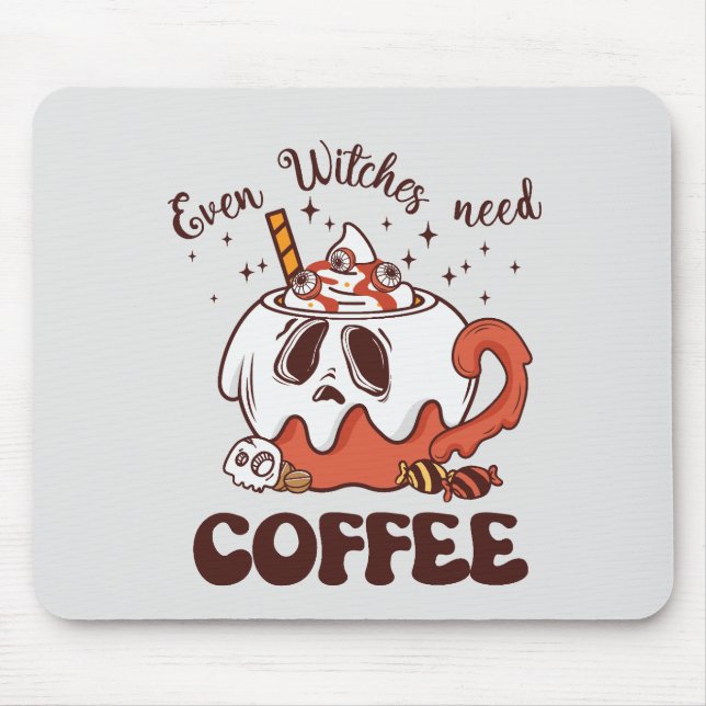 Even Witches Need Coffee – Cute Ghost Mouse Pad (Front)