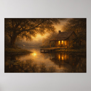 Evening at Ease   Lake Cabin Art   Poster