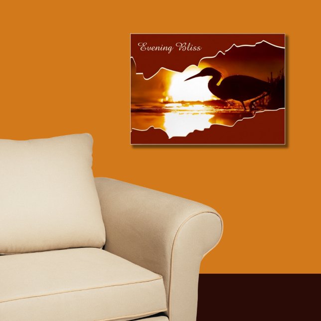 Evening Bliss Heron Fishing Susnset Photo Poster (Evening Bliss, Sunset with a Heron Silhouette)