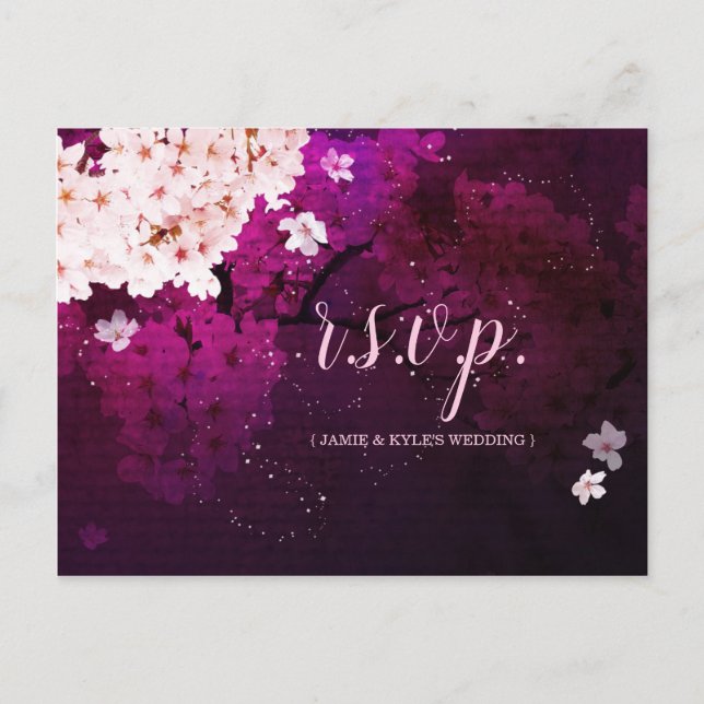 Evening Cherry Blossom Wedding Menu Choice RSVP Postcard (Front)