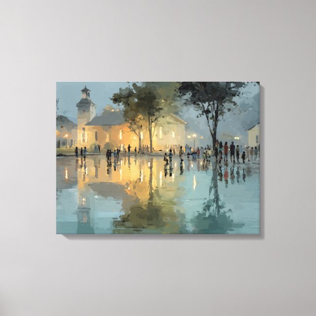 Evening Church Square Rain Reflections Canvas Print (Front)