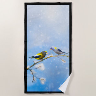 Evening Grosbeak Painting - Cute Original Dog Art Beach Towel