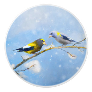 Evening Grosbeak Painting - Cute Original Dog Art Ceramic Knob