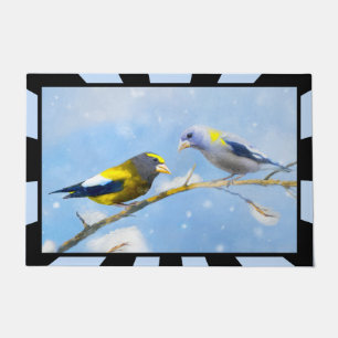 Evening Grosbeak Painting - Cute Original Dog Art Doormat
