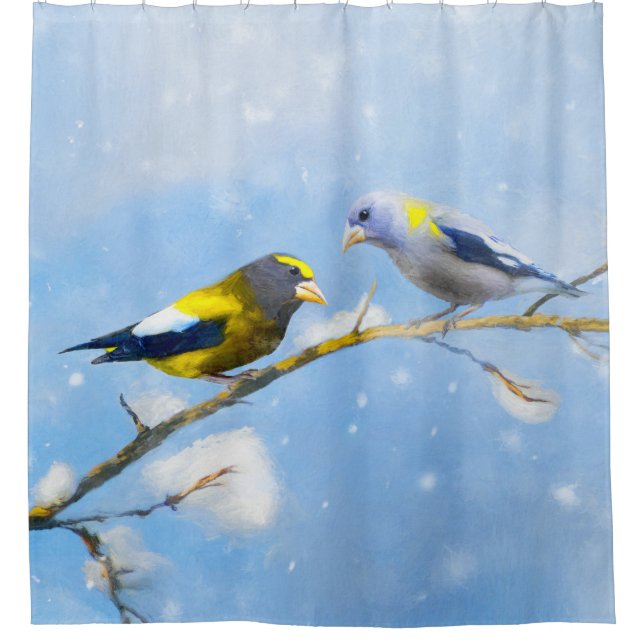 Evening Grosbeak Painting - Cute Original Dog Art Shower Curtain (Front)