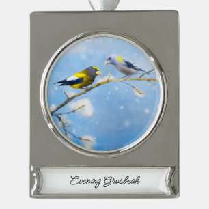 Evening Grosbeak Painting - Cute Original Dog Art Silver Plated Banner Ornament