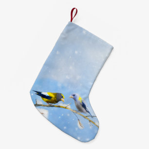 Evening Grosbeak Painting - Cute Original Dog Art Small Christmas Stocking