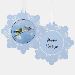 Evening Grosbeak Painting - Original Wild Bird Art Tree Decoration Card