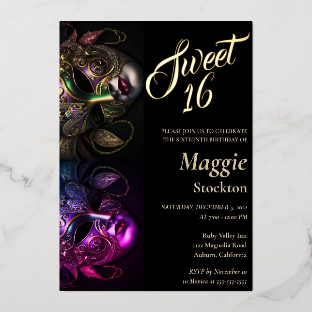 Evening Masquerade Sweet 16 Invitation Foil (Front)