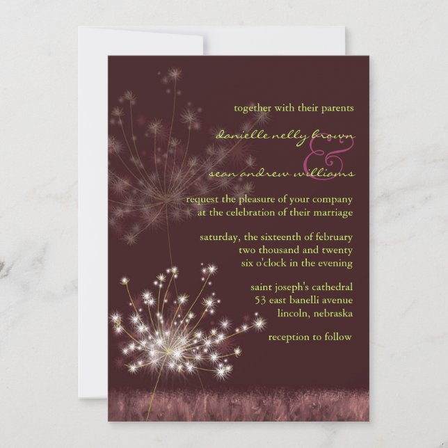 Evening Meadow Dandelions Burgundy Wedding Invitation (Front)