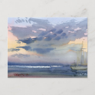 Evening Sailboat and Dramatic Sky Watercolor Postcard