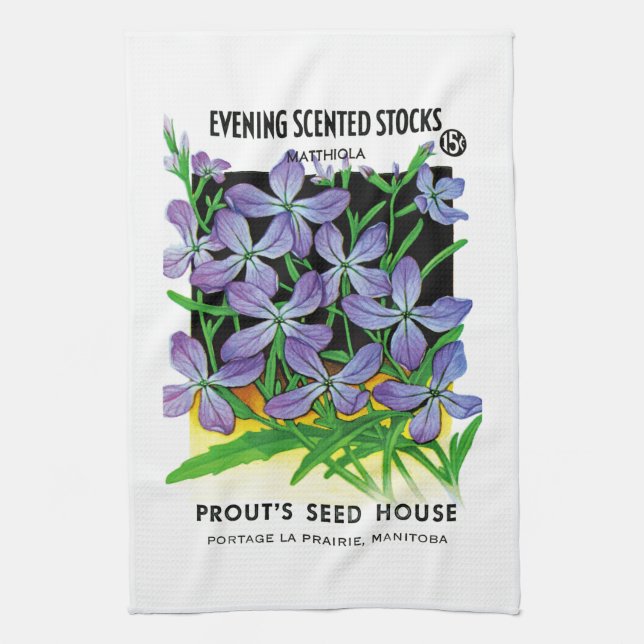 Evening Scented Stocks Seed Packet Label Tea Towel (Vertical)