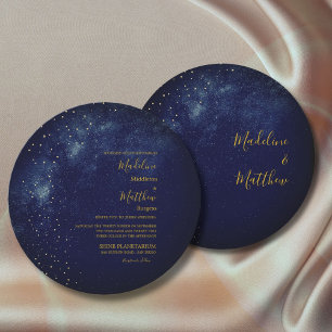 Evening Sky Astral Gold  Stars Blue Round Wedding Invitation