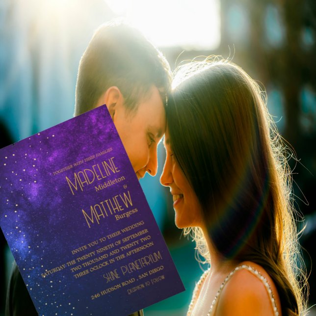 Evening Sky Astral Gold Stars Purple Wedding  Invitation (Creator Uploaded)