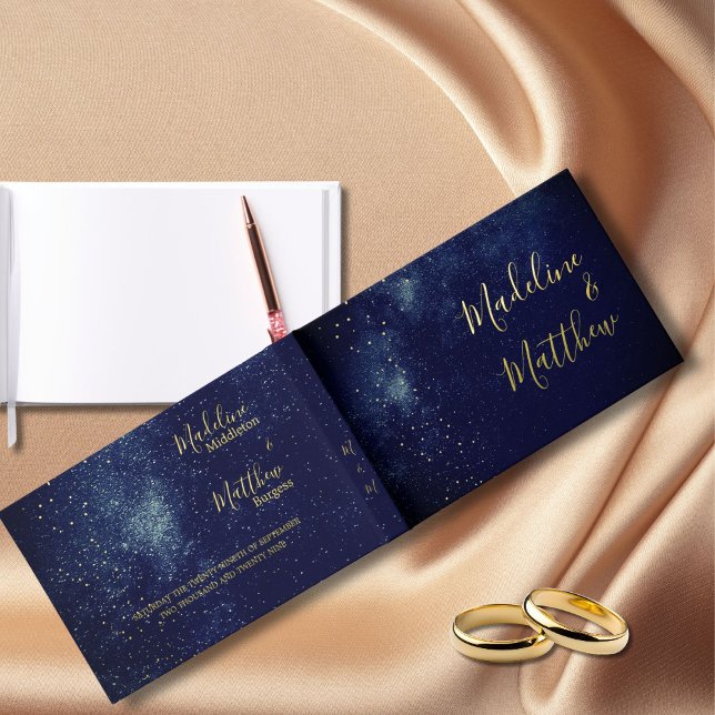 Evening Sky Moon Gold Stars Blue Wedding Guest Book (Creator Uploaded)