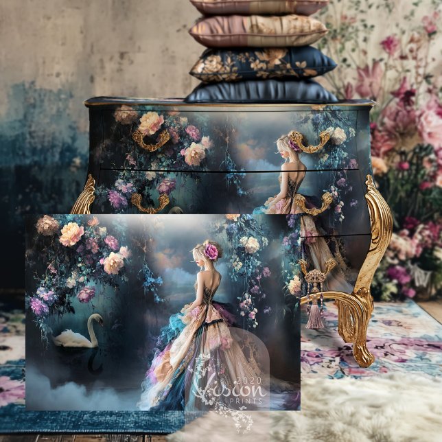 Evening Stroll Portrait & Swan Dark Floral Fantasy Tissue Paper ("Evening Stroll" French Woman, Ethereal Floral & Swan, Misty Lake Landscape,  Decoupage Art Paper)
