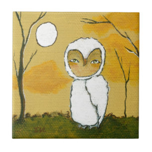 Evening Stroll, Whimsical Woodland White Owl Art Tile
