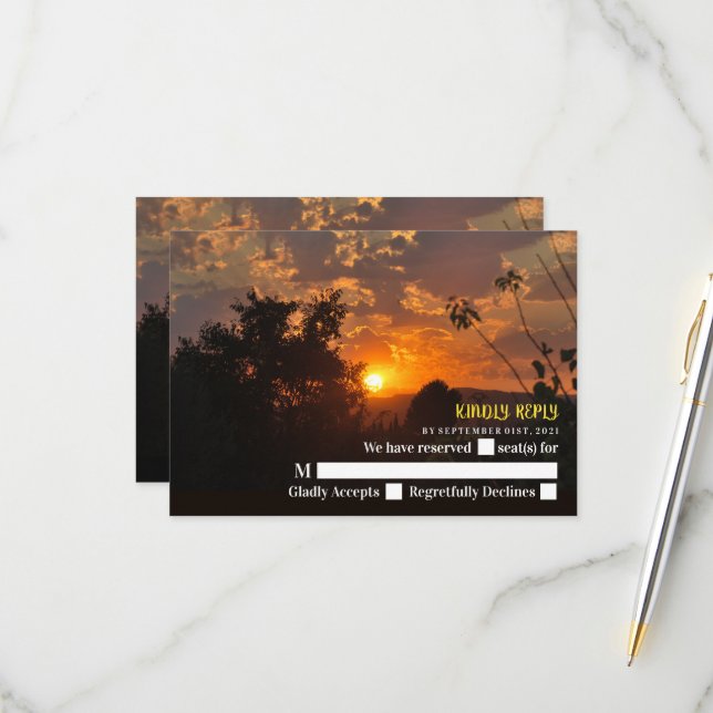Evening Sunset, Modern Wedding RSVP Card (Front/Back In Situ)