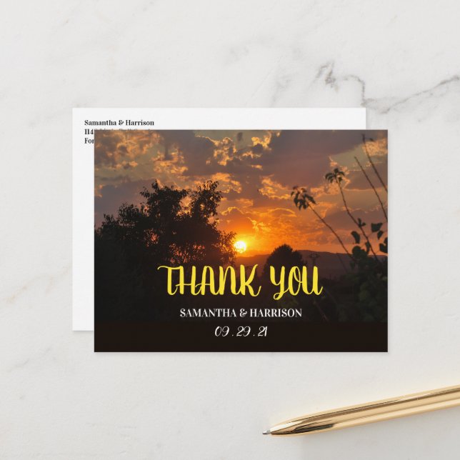 Evening Sunset, Modern Wedding Thank You Postcard (Front/Back In Situ)