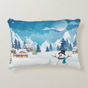 Evening village winter landscape with snow covered decorative cushion
