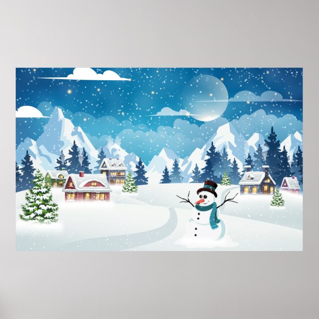 Evening village winter landscape with snow covered poster (Front)