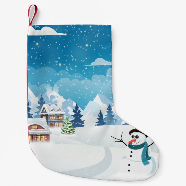 Evening village winter landscape with snow covered small christmas stocking (Front)