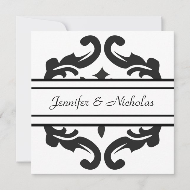 Evening Wedding Reception Black & White Damask Invitation (Front)