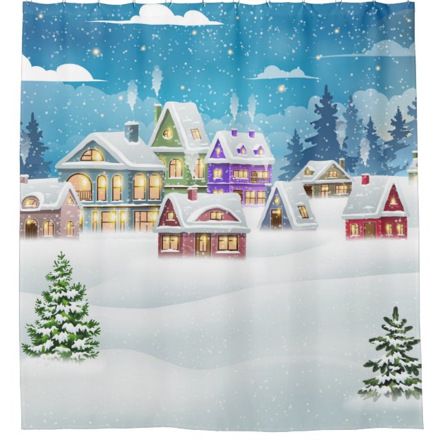 Evening winter village landscape with snow covered shower curtain (Front)