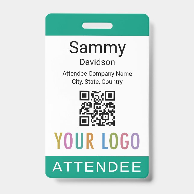 Event Attendee Badge QR Code Logo Emerald Green ID Badge (Front)