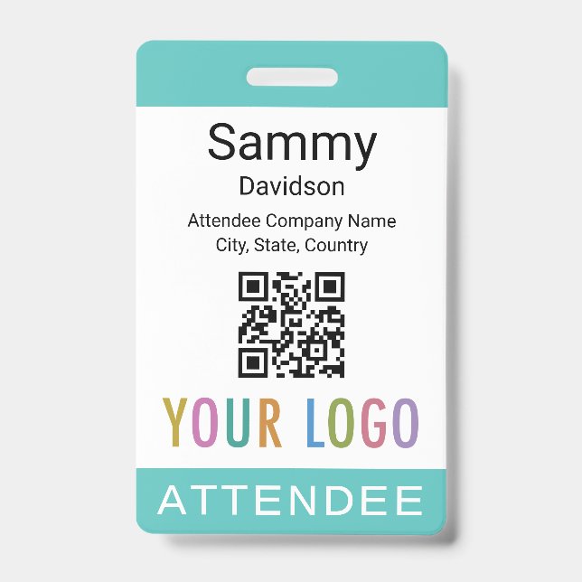 Event Attendee Badge QR Code Logo Turquoise Blue ID Badge (Front)